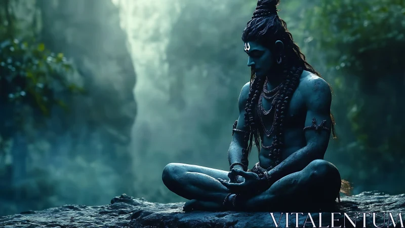 Blue-skinned meditative figure seated in serene forest setting.