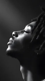 Profile view of person in monochrome directional lighting.