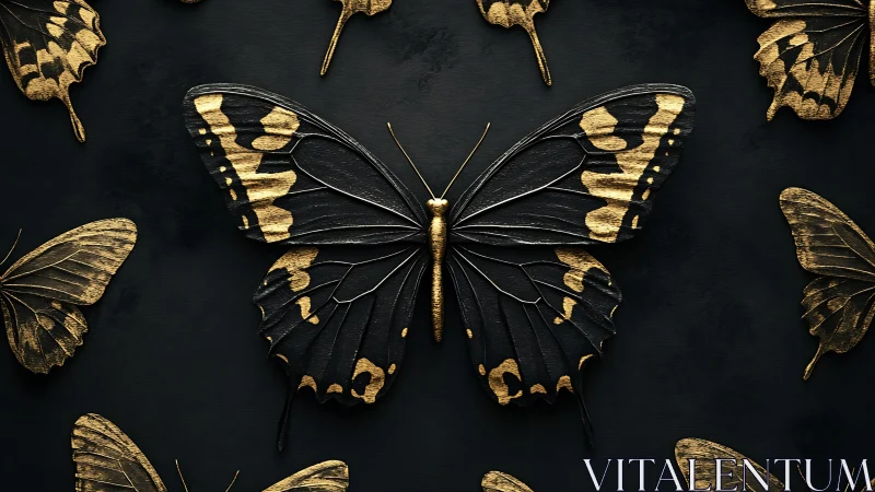 Gilded midnight butterflies in a quiet, luminous still life.