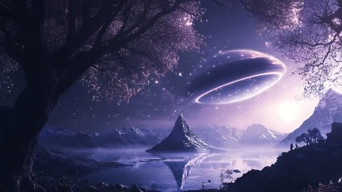 Starlit alien lake welcomes a glowing ship at quiet twilight