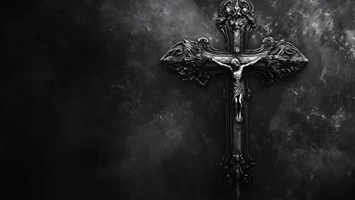 Ornate silver crucifix glowing gently on a dark stone wall.