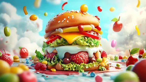Fantasy fruit burger stack with candy sky backdrop.