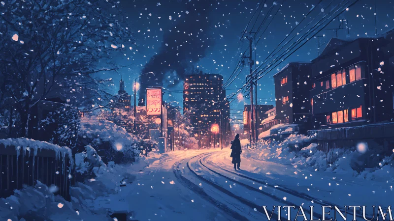 Snowlit city curve cradles one wandering midnight silhouette