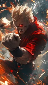 Male fighter with glowing eyes executes forward punch motion