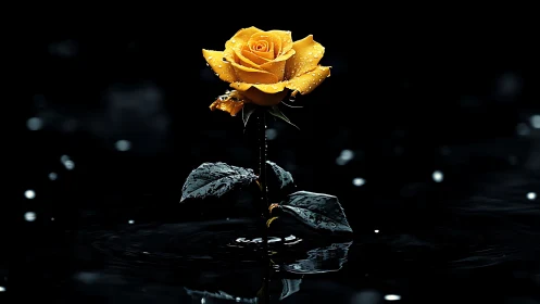 Golden Rose with Water Droplets Against Black Background.