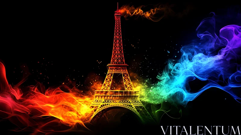 Eiffel Tower outlined in multicolor flame effects on black.