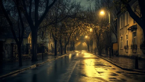 Empty wet city street glows under moody golden lamplight