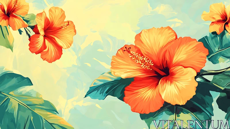 Hibiscus Blooms Against Luminous Sky with Vibrant Red-Gold Petals