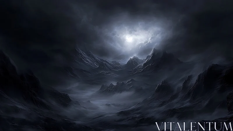 Storm-lit abyssal mountains brood beneath a broken sky.