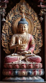 Seated Buddha sculpture with ornate halo and lotus pedestal.