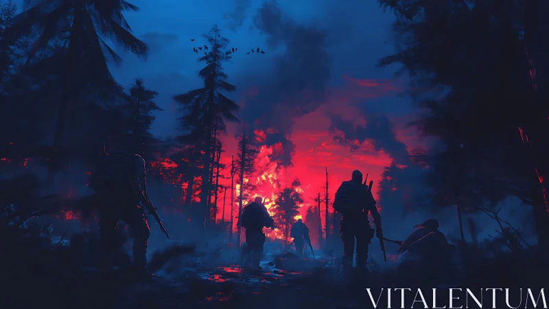 Firewalkers crossing neon dusk in a haunted war forest.