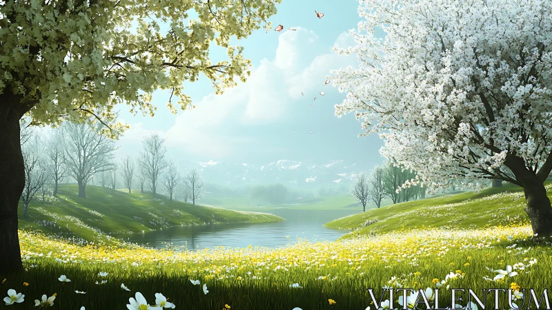 Bloom-laden trees frame a luminous spring valley lake