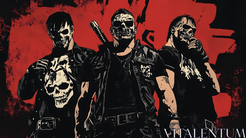 Skull-masked outlaw trio on bold red graphic backdrop.