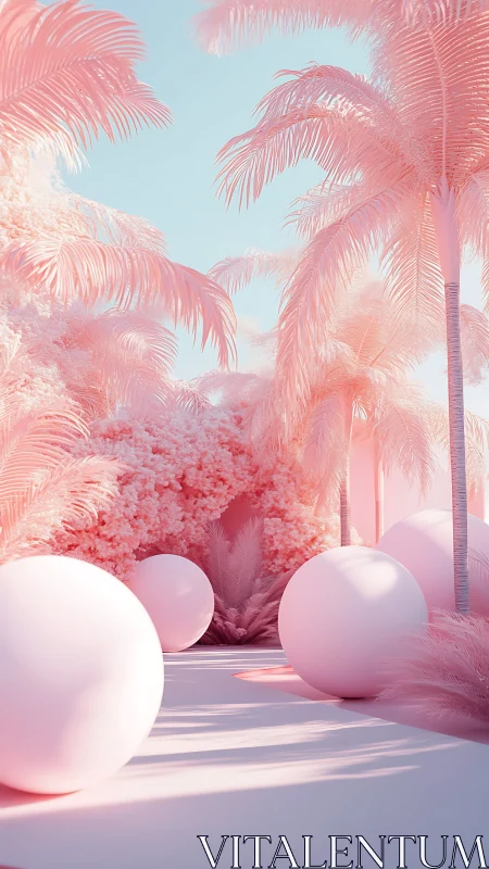 Pink surreal palm garden with large glossy spheres at dusk.