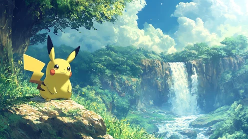 Pikachu overlooking lush valley and radiant waterfall scene.