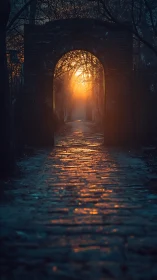 Sunfire doorway ignites a cobblestone path through dusk.