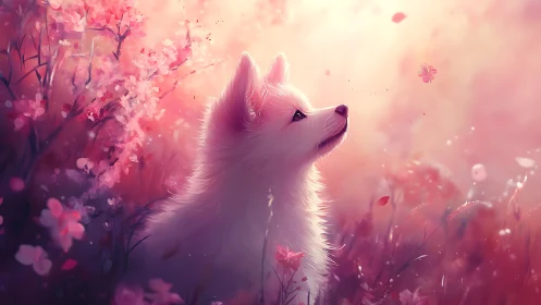 Gentle white pup daydreaming in a rosy blossom breeze.