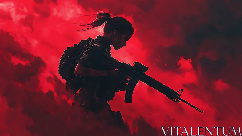 Silhouetted soldier strides through crimson war-torn clouds
