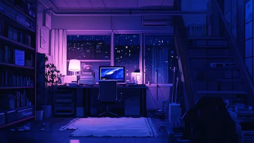 Cozy night workspace glows softly above the sleeping city