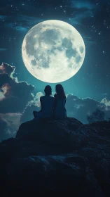 Two Figures Silhouetted Against Luminous Full Moon at Night.