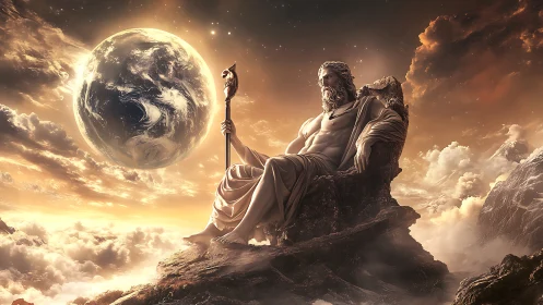 Mythic sky god enthroned above clouds in golden cosmos.