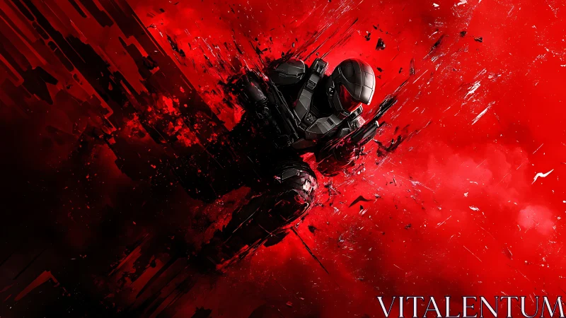 Armored sci fi soldier bursting through fractured red void.
