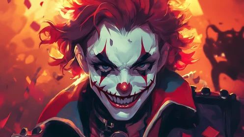 Digital painting portrait of sinister clown in fiery lighting.