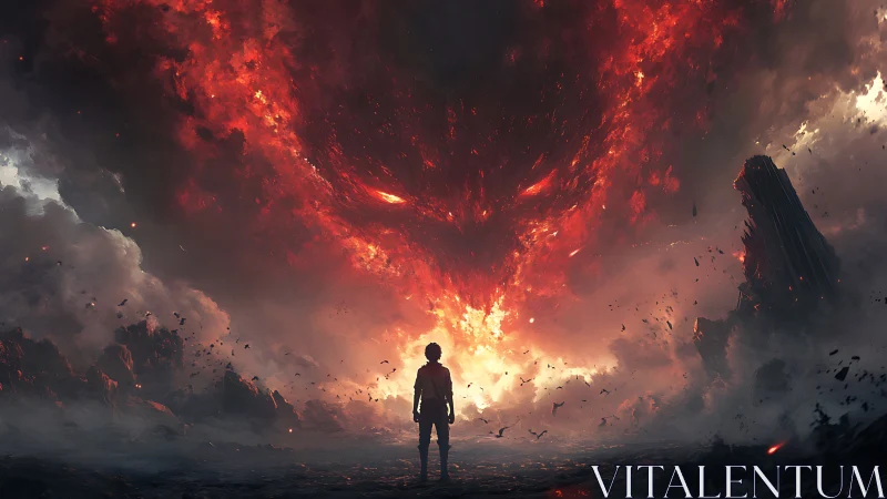 Solitary figure facing colossal infernal cloud vortex entity