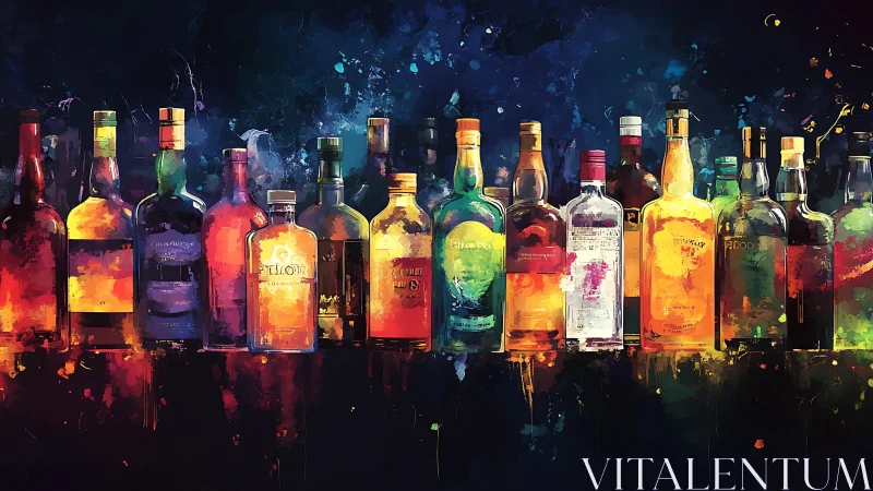 Colorful liquor bottles glow against a dark abstract bar backdrop