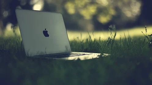 Laptop in soft-focus grass with blurred natural background.