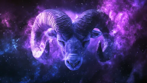 Cosmic ram head glows within vivid purple nebula field.