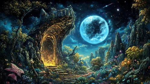 Luminous forest portal under radiant moonlit fantasy sky.
