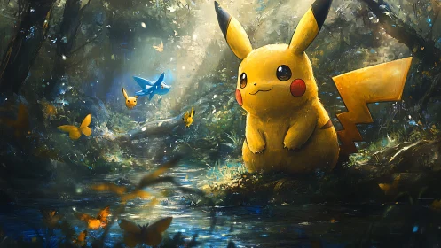 Pikachu in luminous forest clearing beside reflective stream