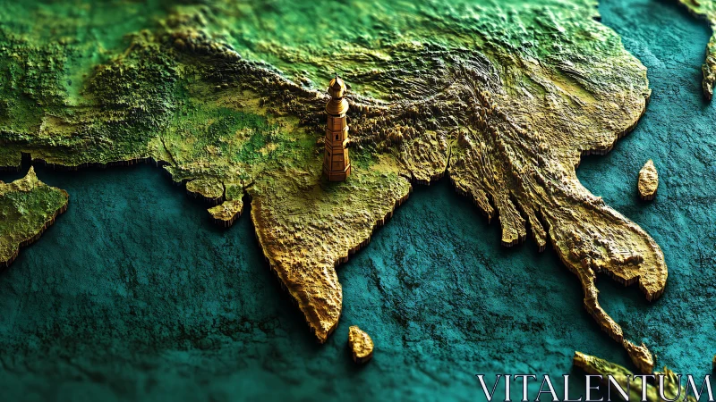 Textured India map with golden tower and teal seas.
