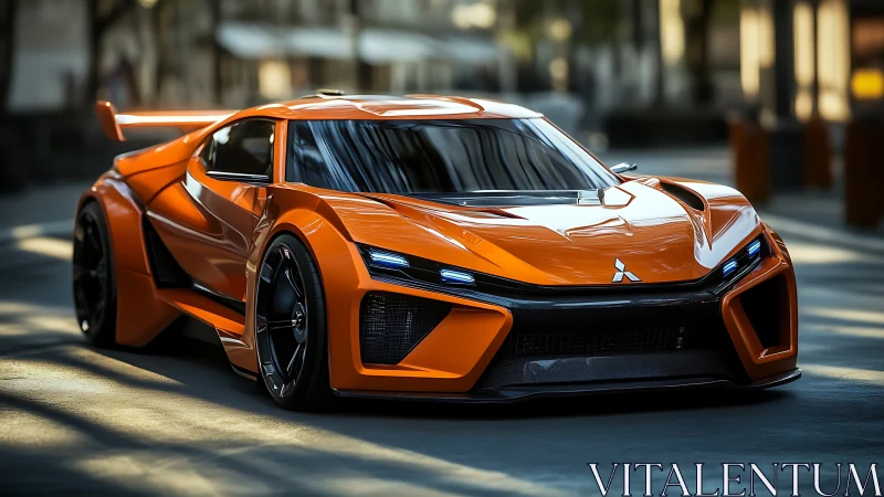Orange Mitsubishi supercar concept stands parked on city street