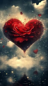 Heart aflame: luminous rose blooming through celestial mist.