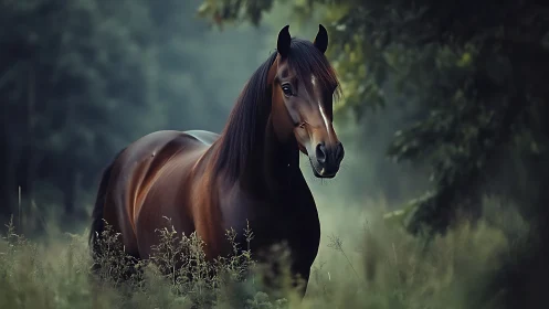 Brown horse stands alert in misty green forest clearing.