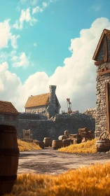 Medieval stone village courtyard shows barrels and yellow grass