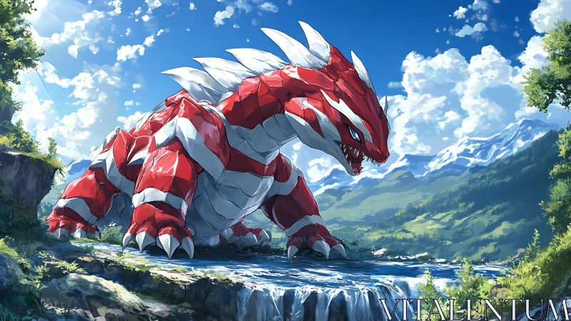 Red armored reptilian creature by mountain waterfall landscape.