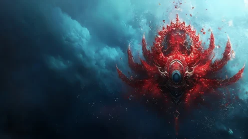 Red crystalline aquatic entity floats in deep blue water