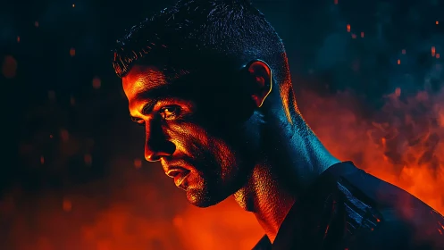 Moody portrait of focused athlete in fiery neon glow.