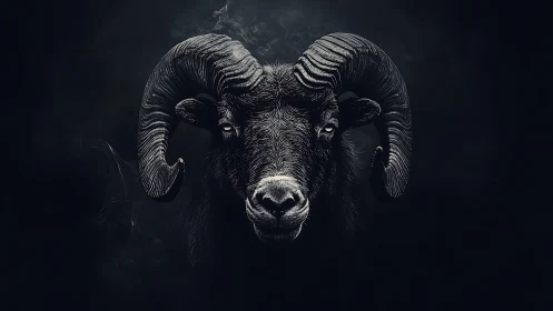 Majestic ram portrait emerges from deep shadowed darkness.