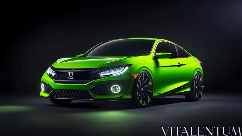 Lime-green compact coupe rendered with high-gloss reflections and studio rim lighting