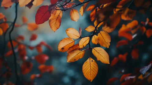 Autumn leaves on tree branch with moody blurred background.