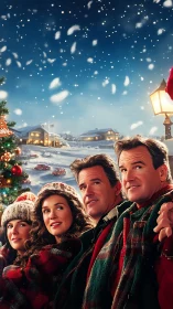 Four people in winter clothing before snowy village scene.