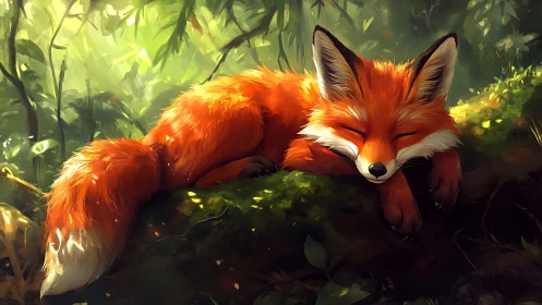 Digital painting of sleeping fox on mossy forest branch.