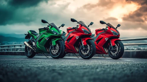 Sportbike trio aligned on dramatic stormlit highway bridge.