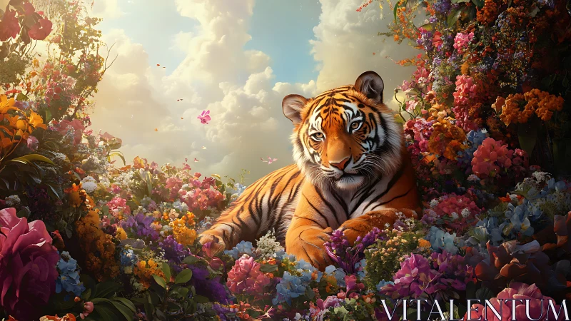 Gentle tiger resting in a dreamy garden of wild blooms.