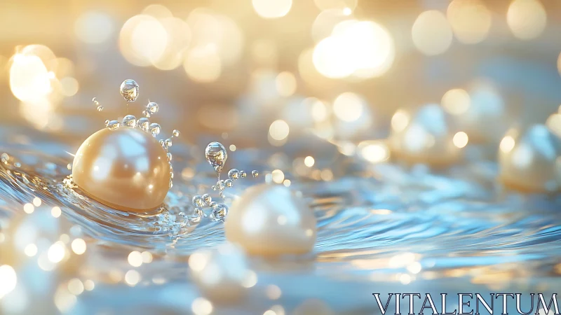 Luminous pearl droplets dance across shimmering water surface.