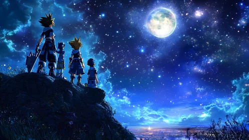 Four silhouetted characters stand on cliff under starry sky